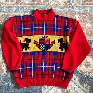 Red Plaid Sweater with Crest and Dog Design